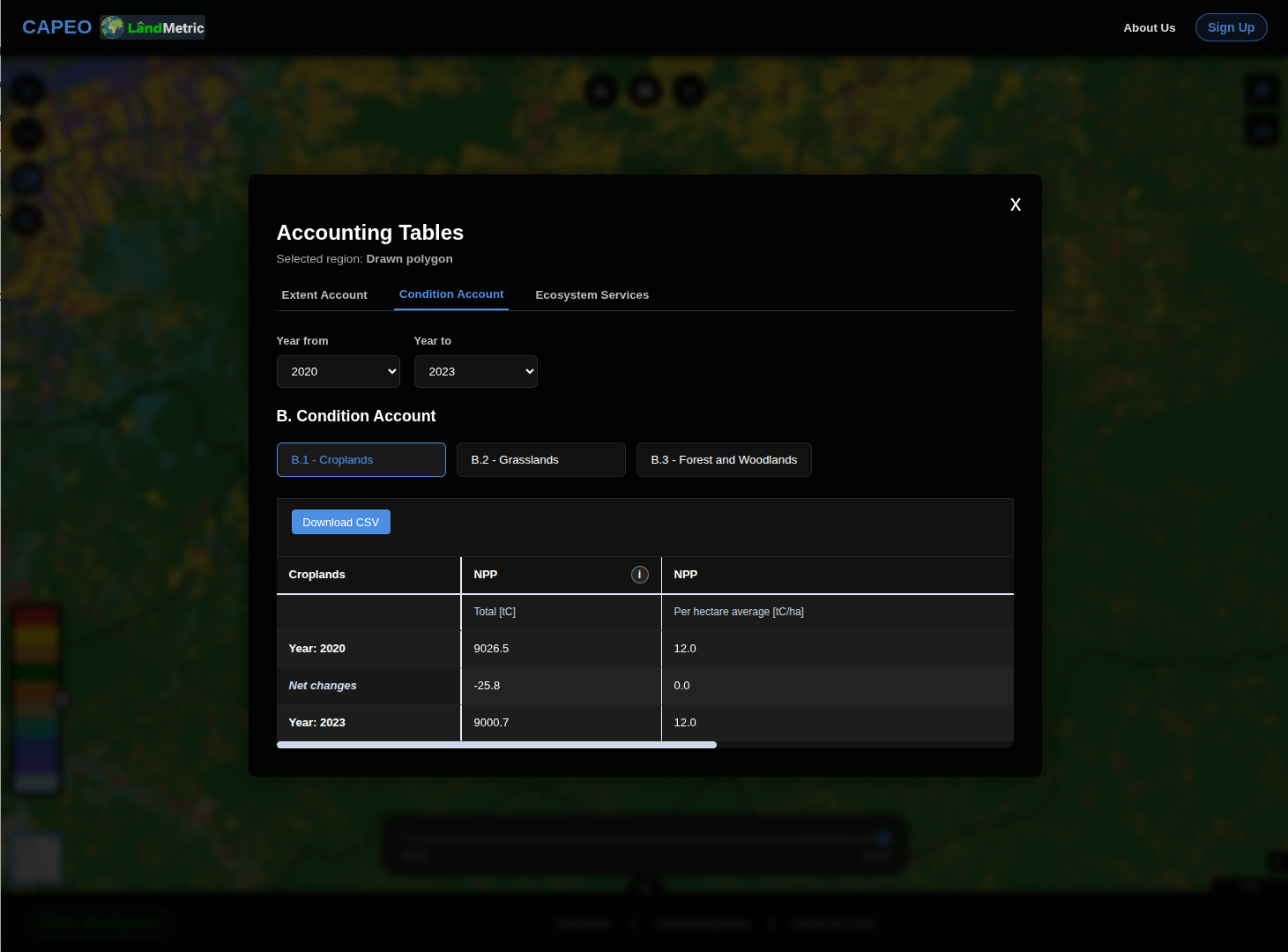 Condition Account tab, B.3 Forest and Woodlands, showing AGB and NPP totals and per-hectare averages, NDVI, NDWI